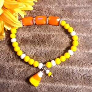 Handcrafted Stretch Bracelet Halloween Lampworks Candy Corn Yellow Orange 7.5"